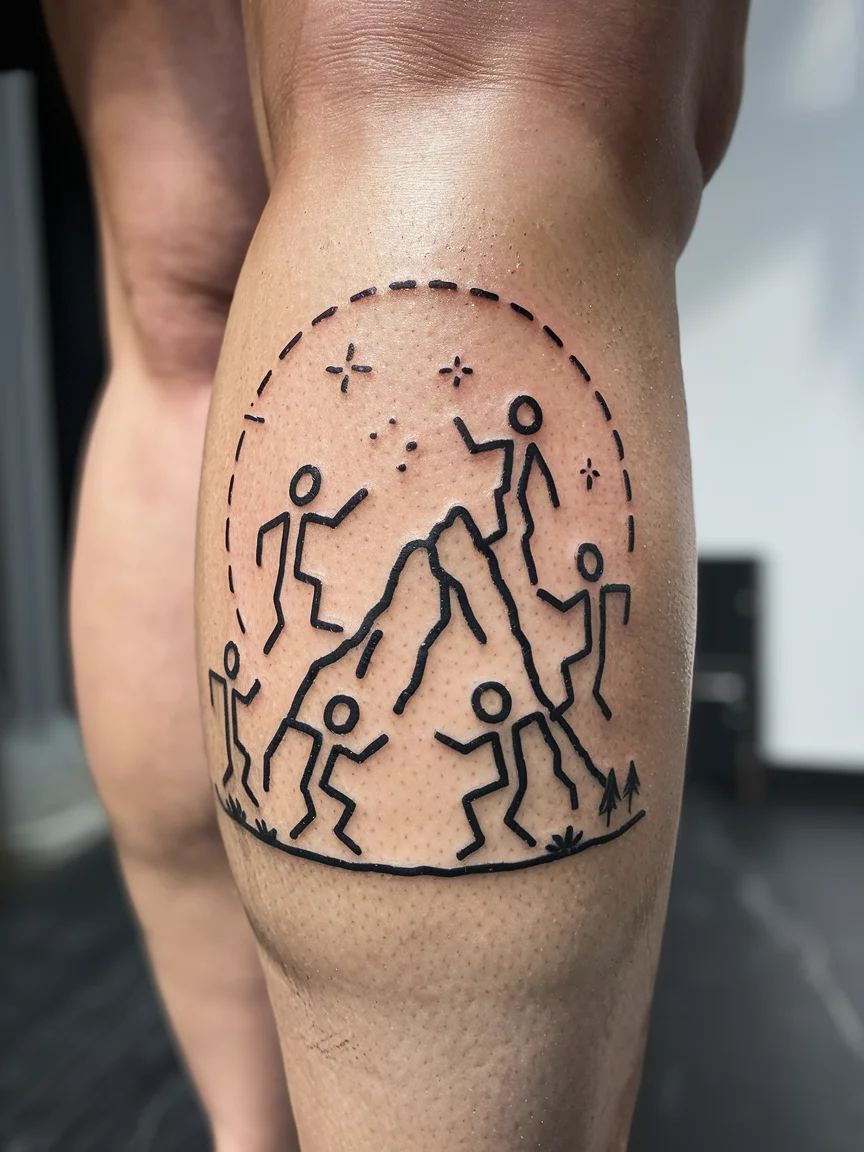 Woman's calf with stick figure scene stick and poke tattoo