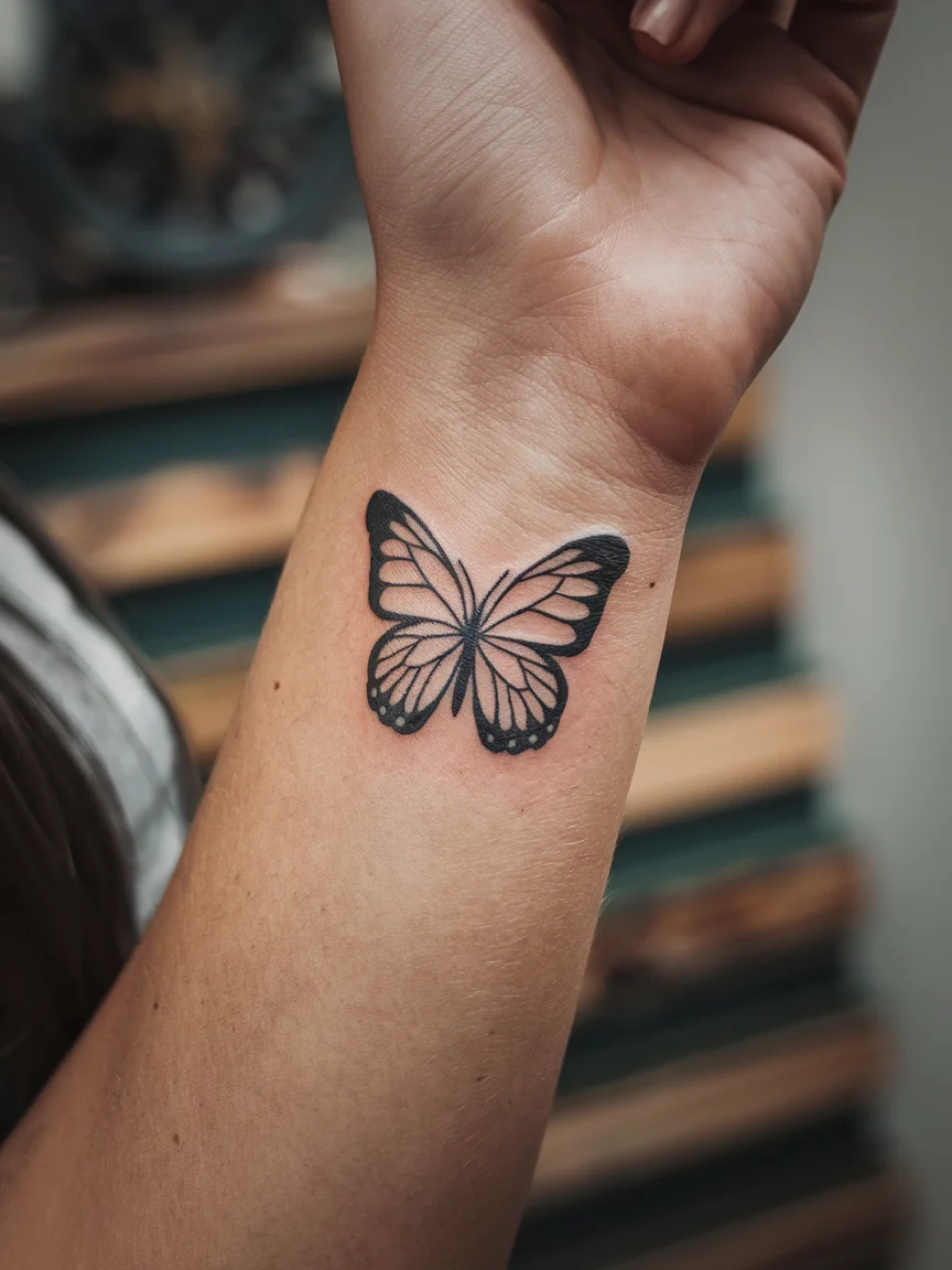 Butterfly silhouette tattoo on wrist