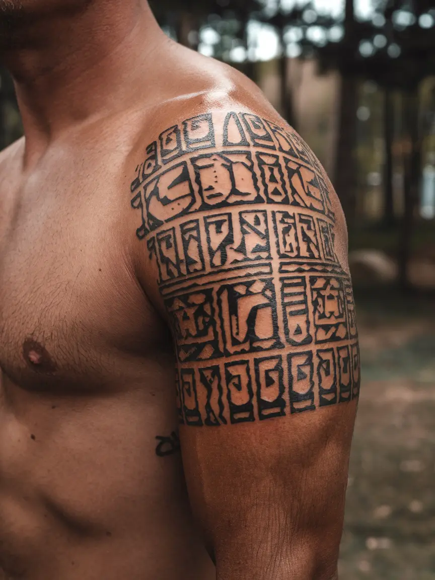 Sumerian cuneiform neotribal tattoo on upper arm