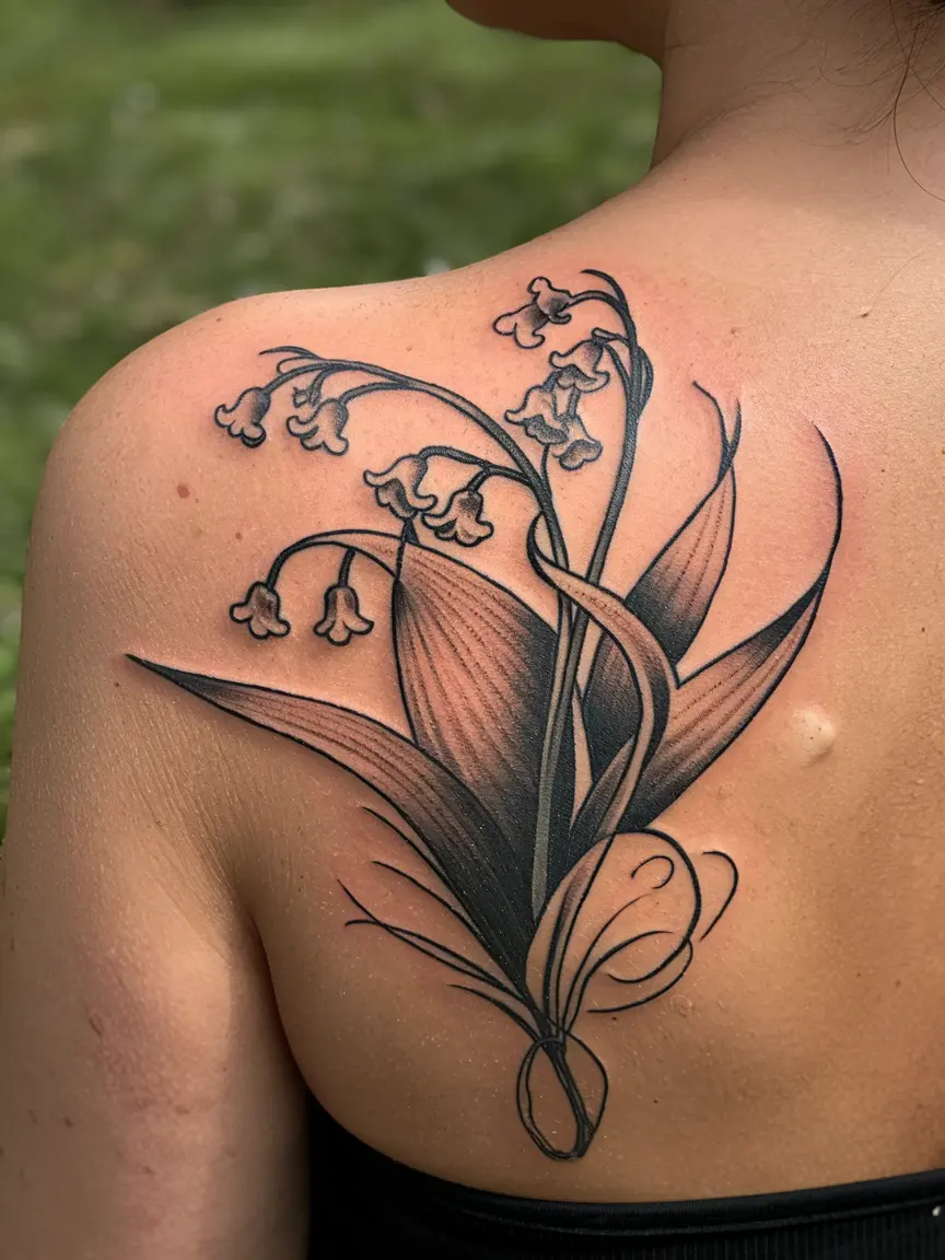 Art Nouveau lily of the valley back tattoo