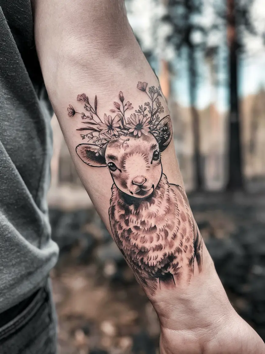 Lamb with flower crown tattoo on forearm
