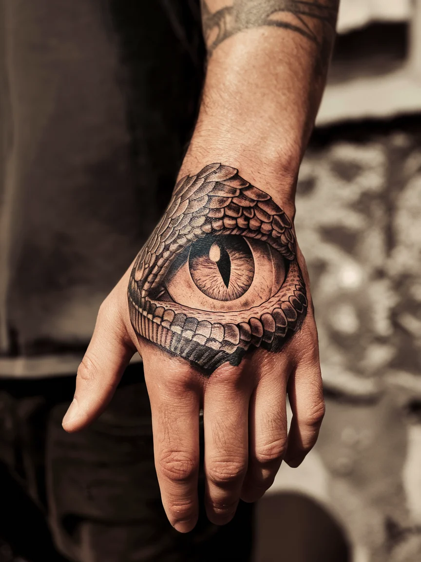 Cobra eye close-up hand tattoo