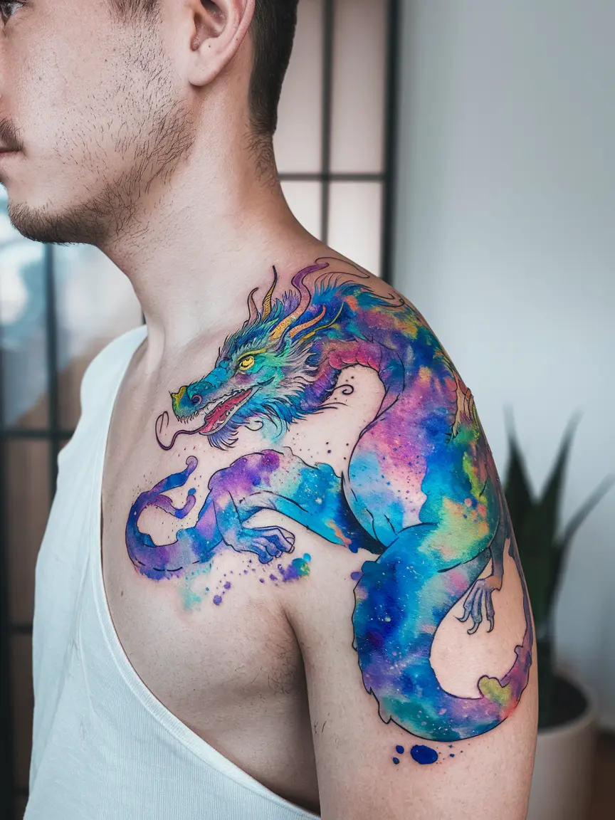 Watercolor dragon shoulder tattoo