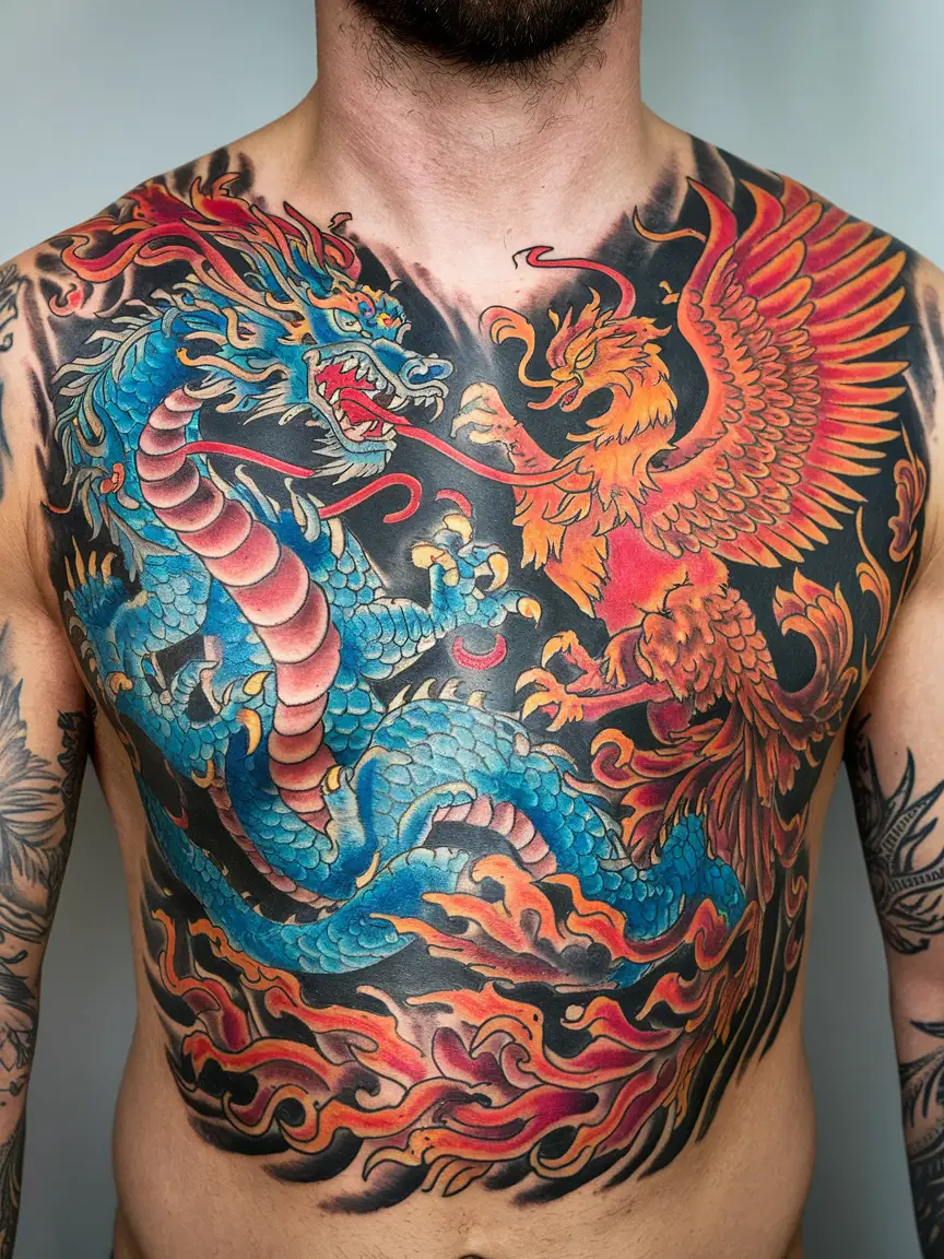 Dragon and phoenix chest tattoo