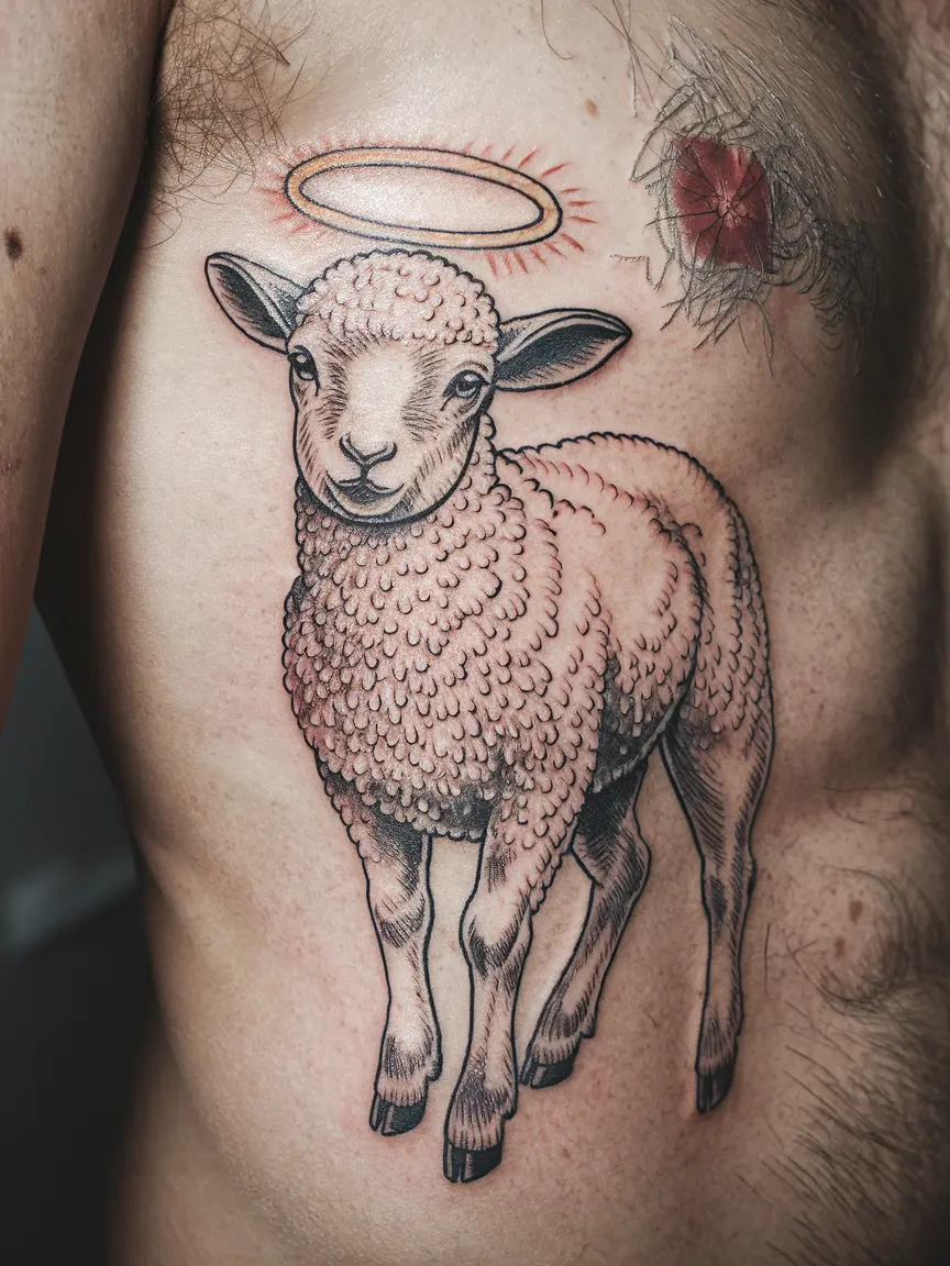 Lamb with halo tattoo on ribs