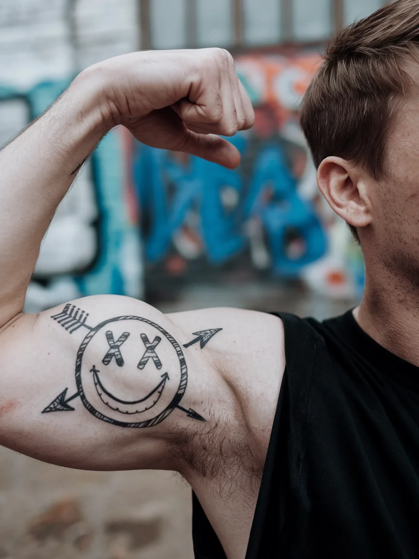 Man's bicep with Blink-182 logo tattoo