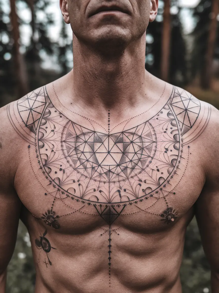 Sacred geometry chest tattoo on man