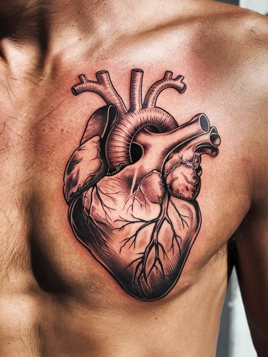 Anatomical heart chest tattoo on man