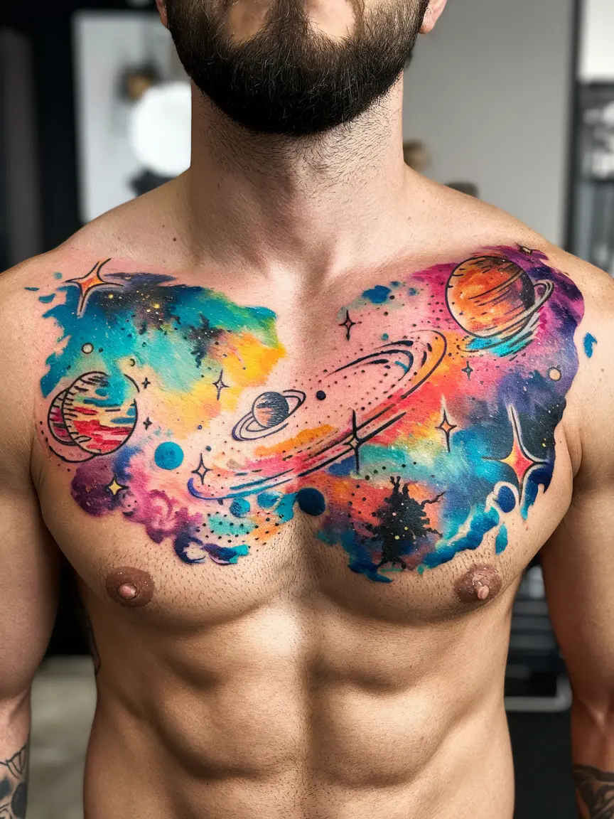 Celestial scene chest tattoo on man