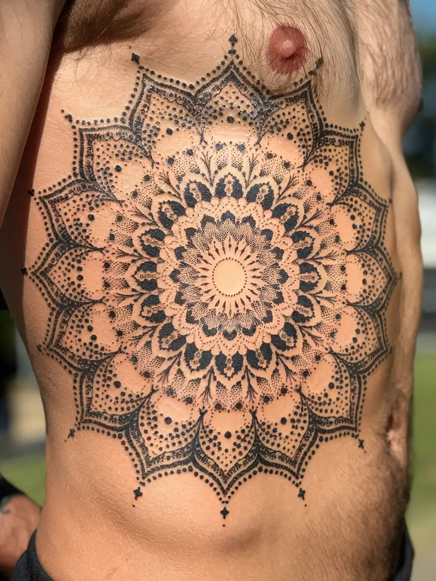 Man's ribcage tattoo of dotwork mandala