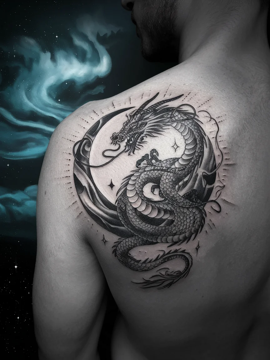 Dragon and moon shoulder blade tattoo