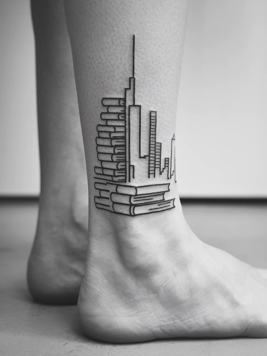 Woman's ankle tattoo of book stack silhouette