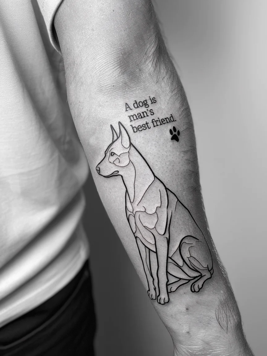 Doberman with quote tattoo on forearm