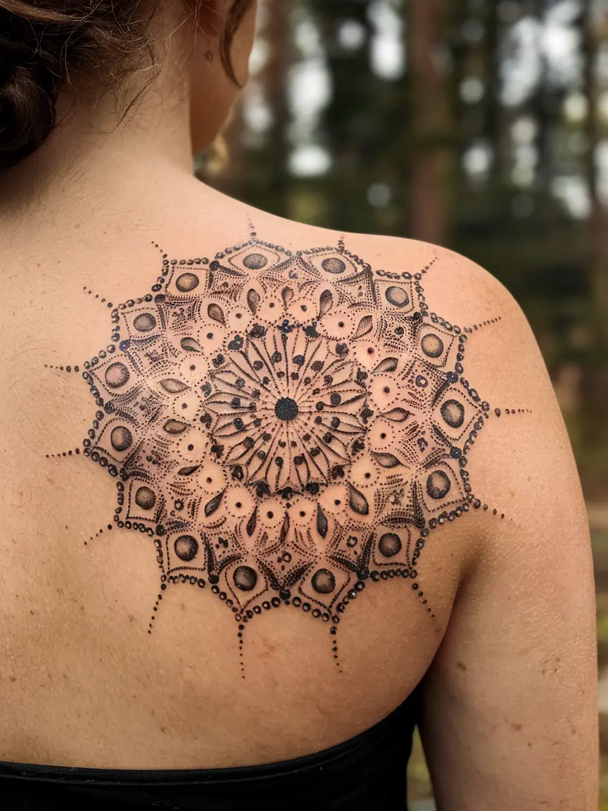 Woman's upper back with dotwork mandala stick and poke tattoo