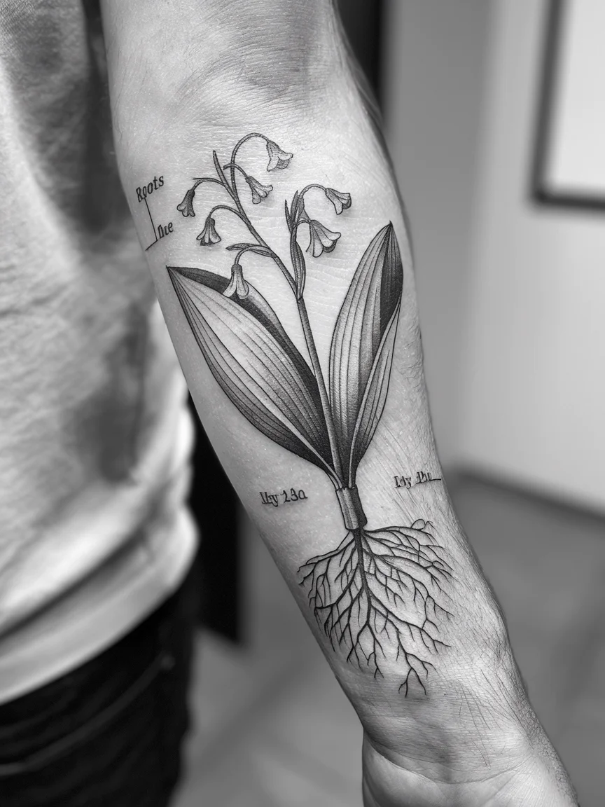 Detailed lily of the valley botanical forearm tattoo