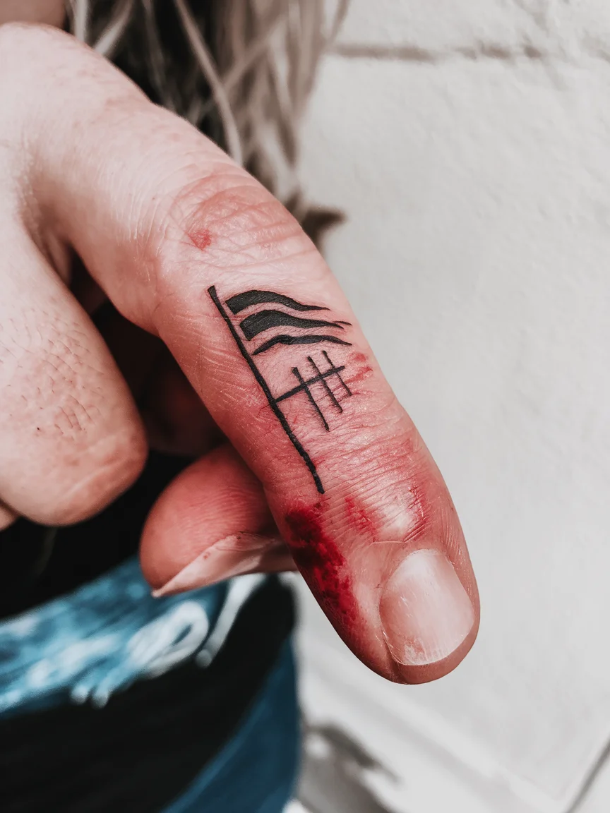 Woman's finger with Black Flag bars tattoo