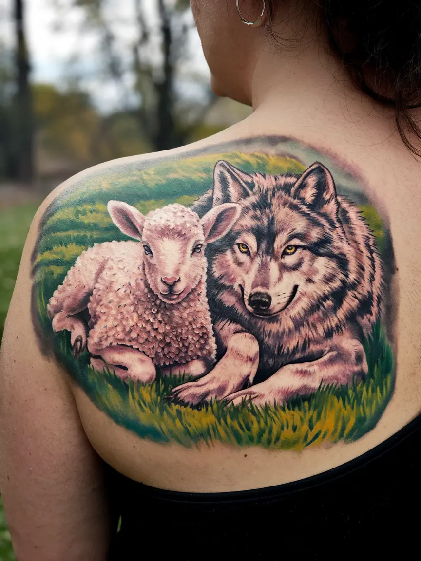 Lamb and wolf tattoo on full back