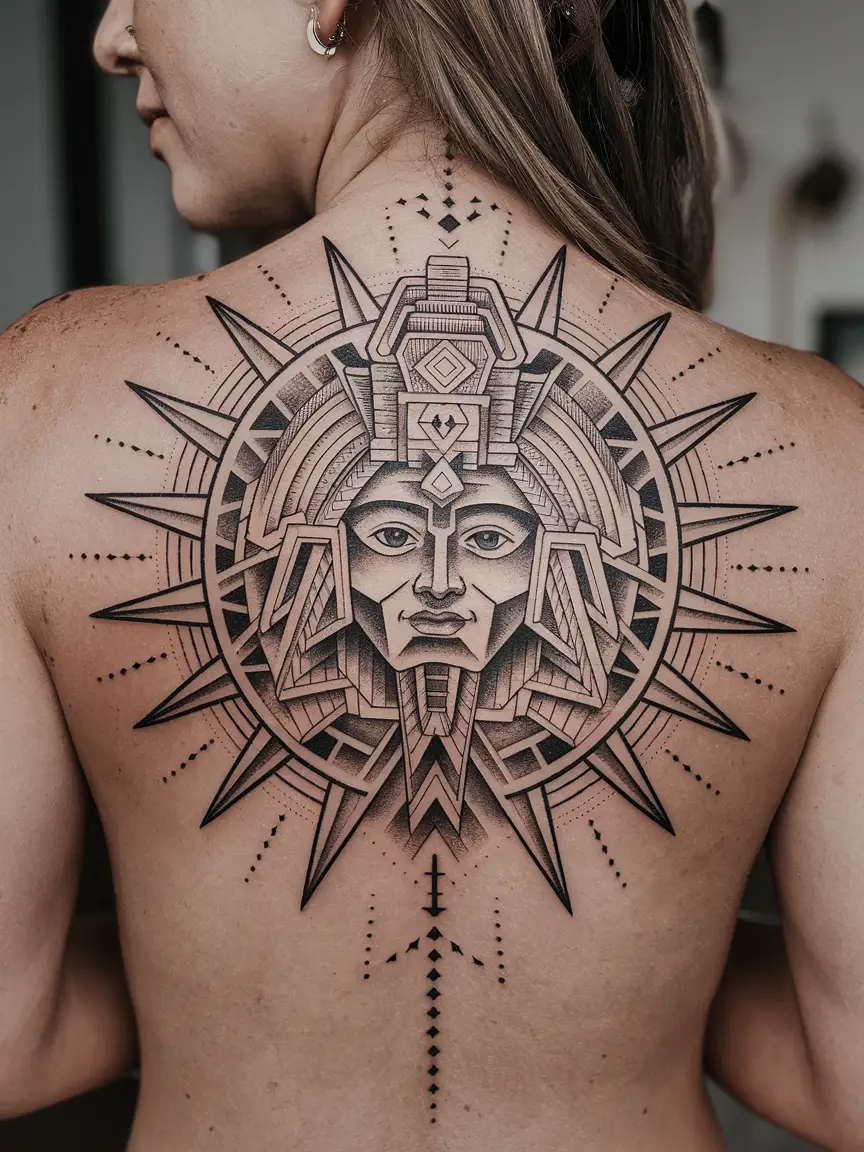 Aztec sun god neotribal tattoo on back