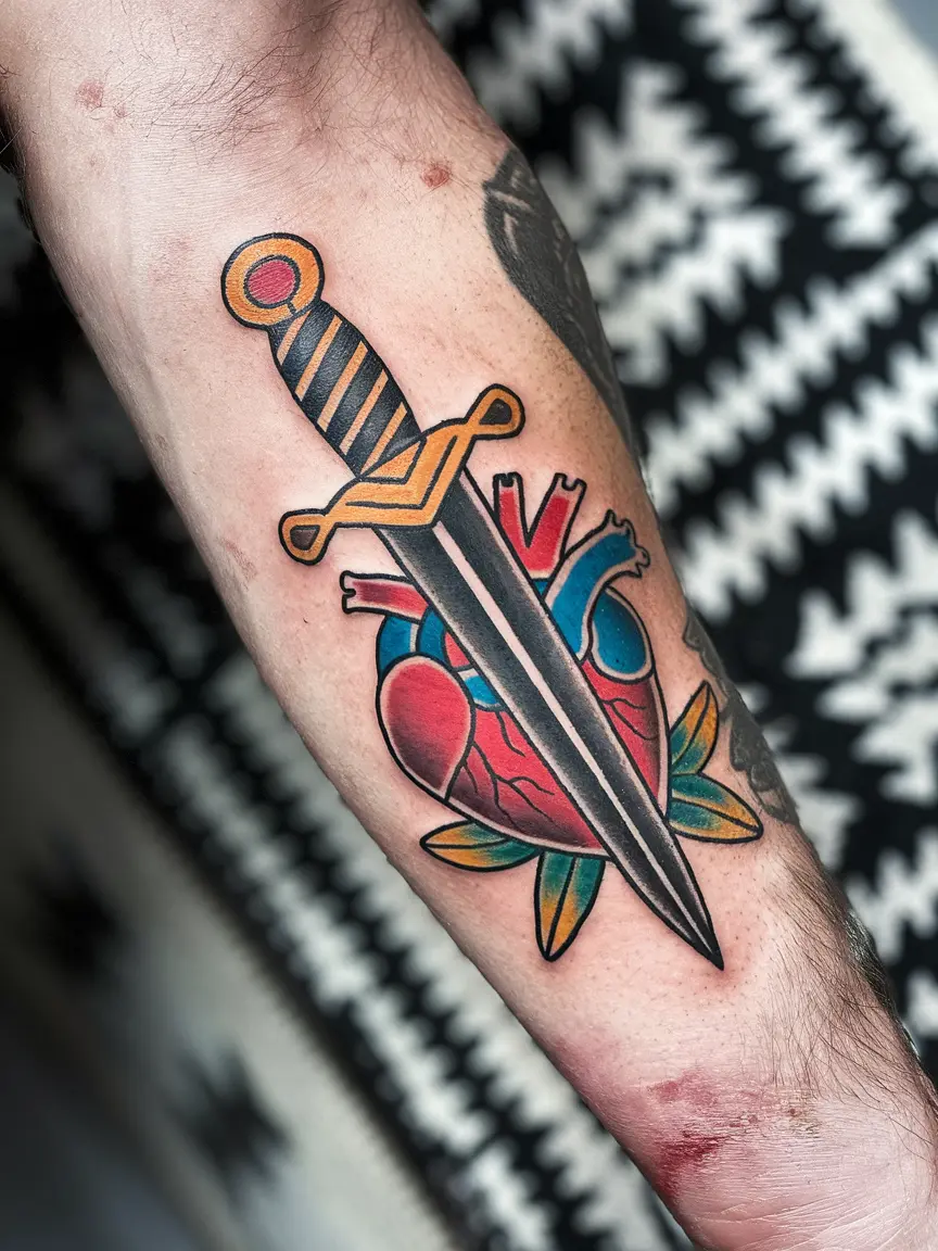 Traditional dagger tattoo on forearm