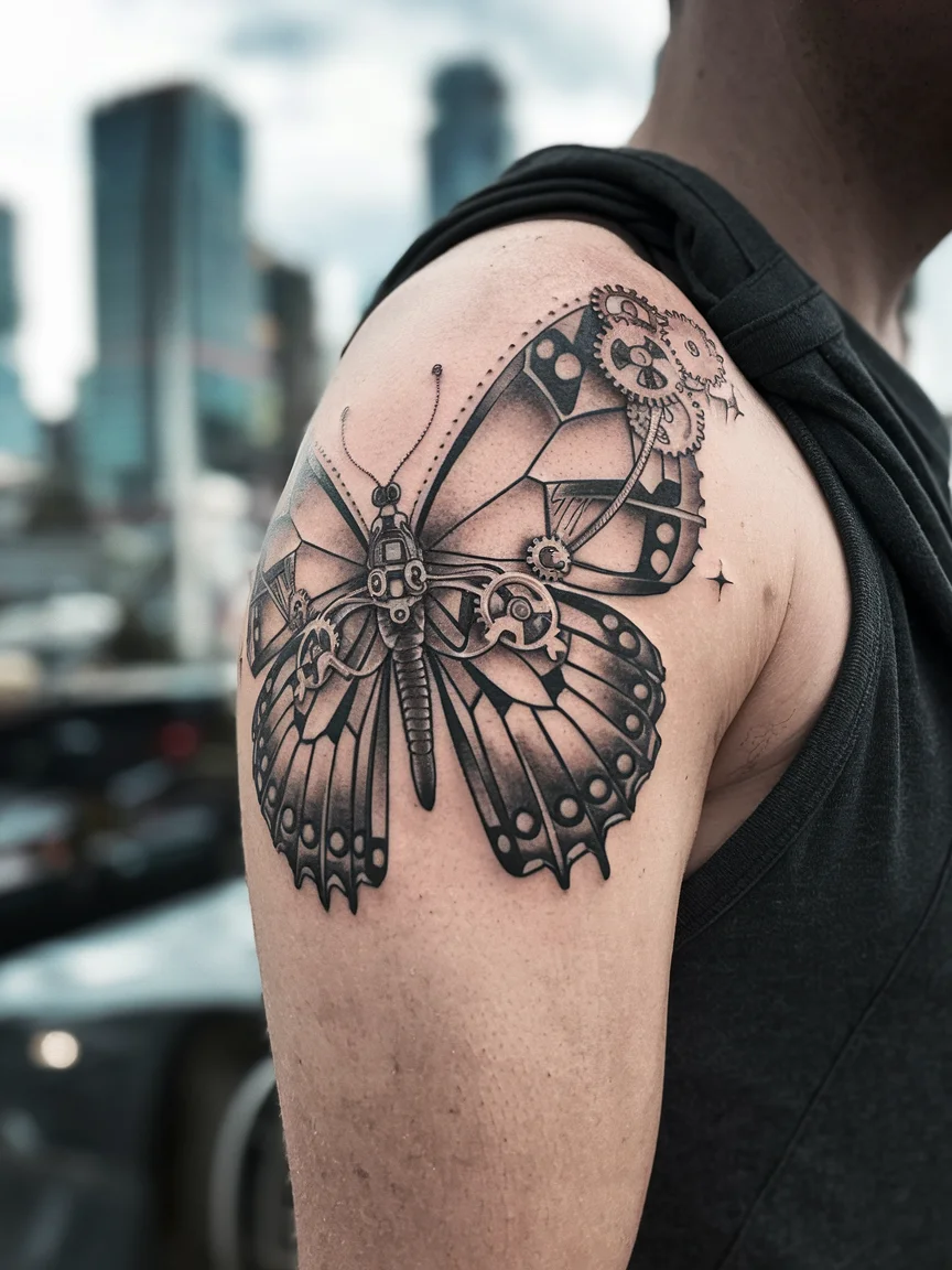 Steampunk mechanical butterfly tattoo on bicep