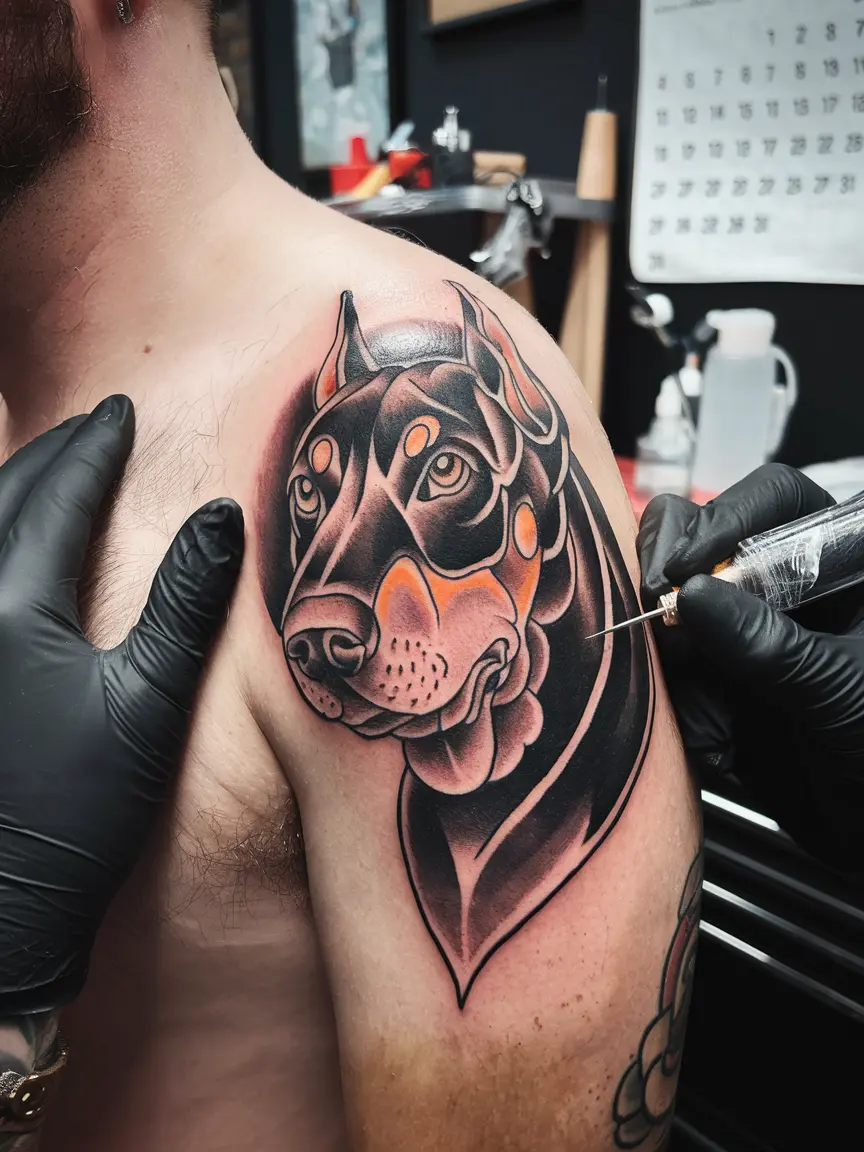 Stylized Doberman head tattoo on shoulder