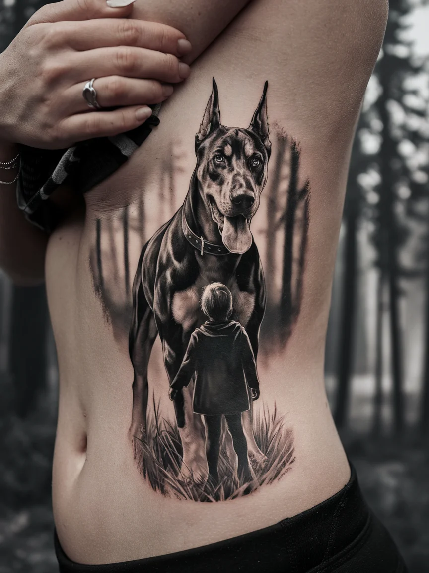 Doberman guardian tattoo on ribcage