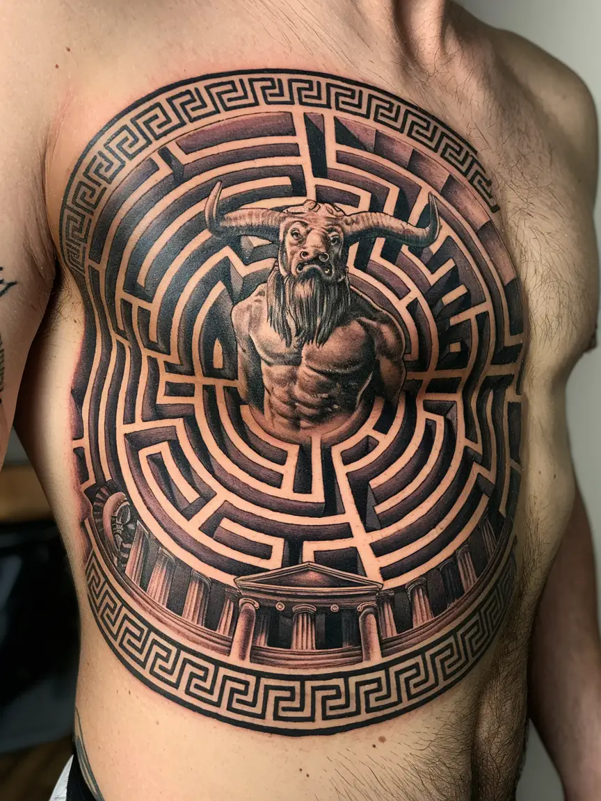Minotaur Labyrinth ribcage tattoo