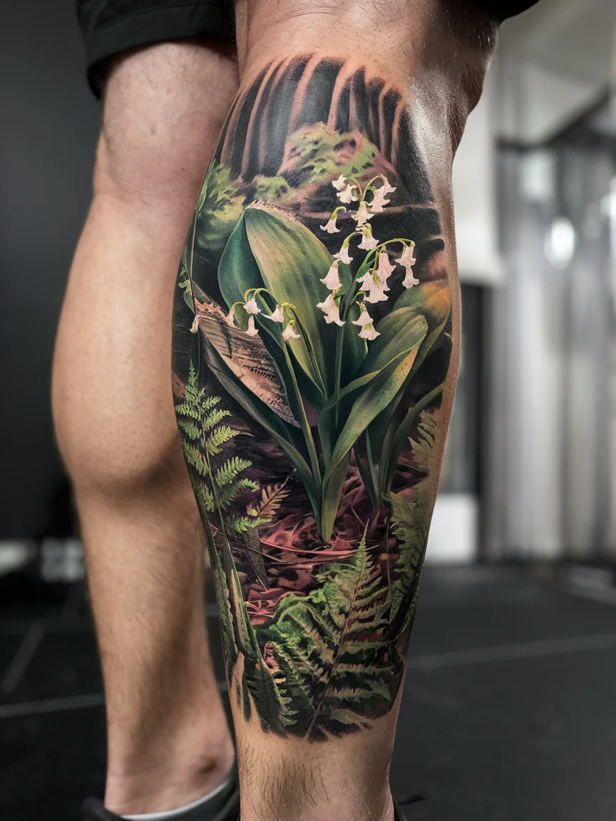 Realistic lily of the valley forest scene calf tattoo
