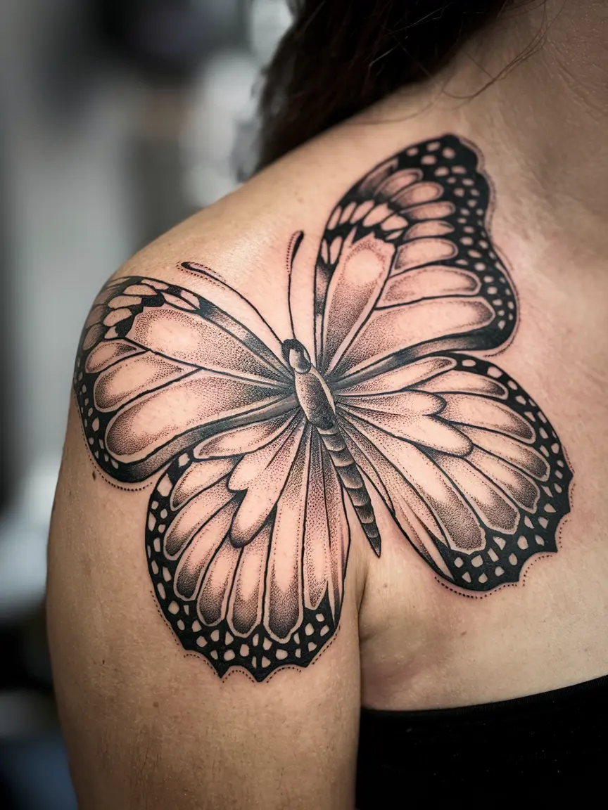 Dotwork butterfly tattoo on shoulder blade