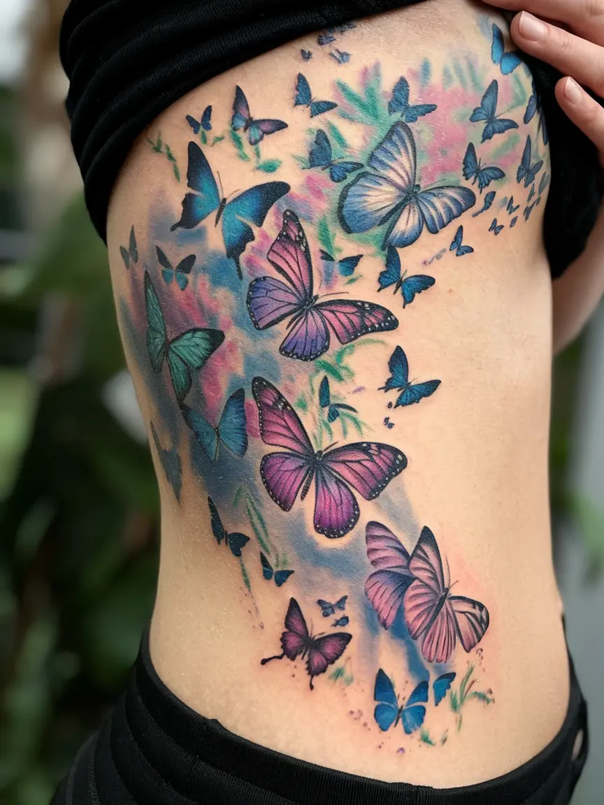 Butterfly swarm tattoo on side