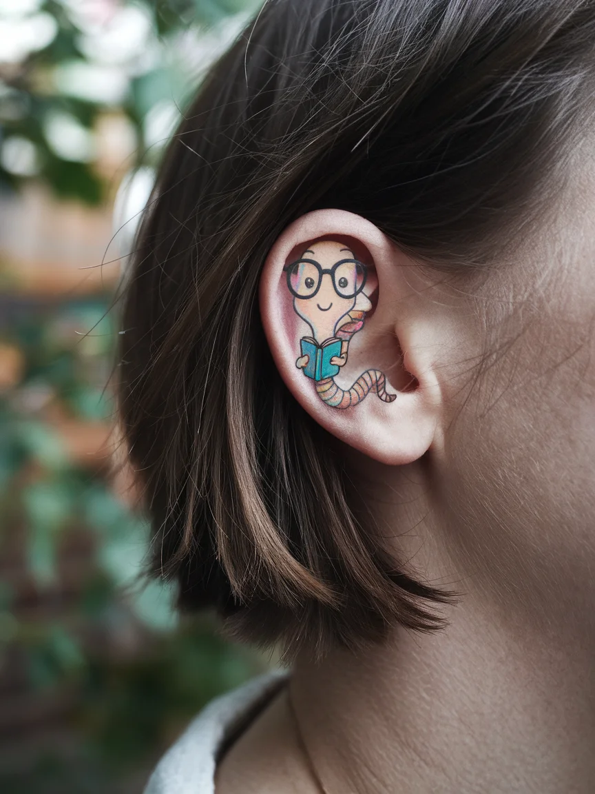 Woman's behind-the-ear tattoo of bookworm