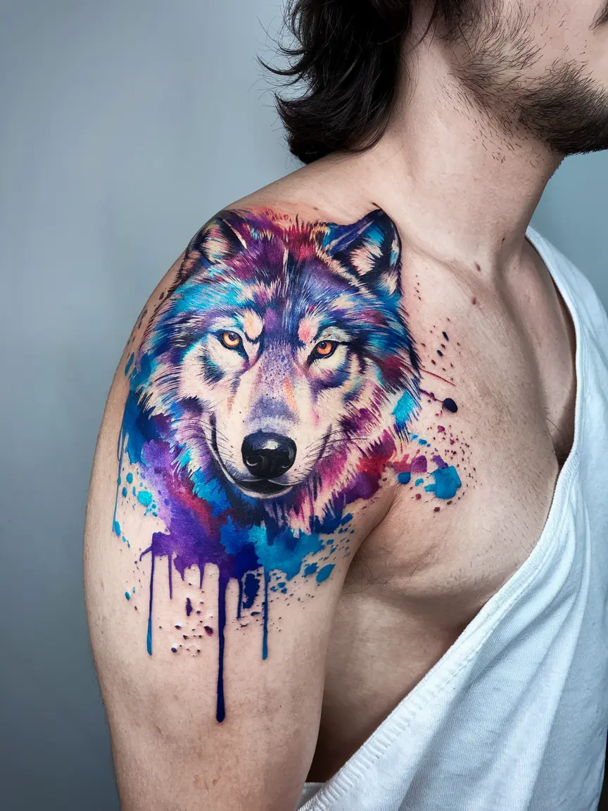 Watercolor wolf shoulder tattoo