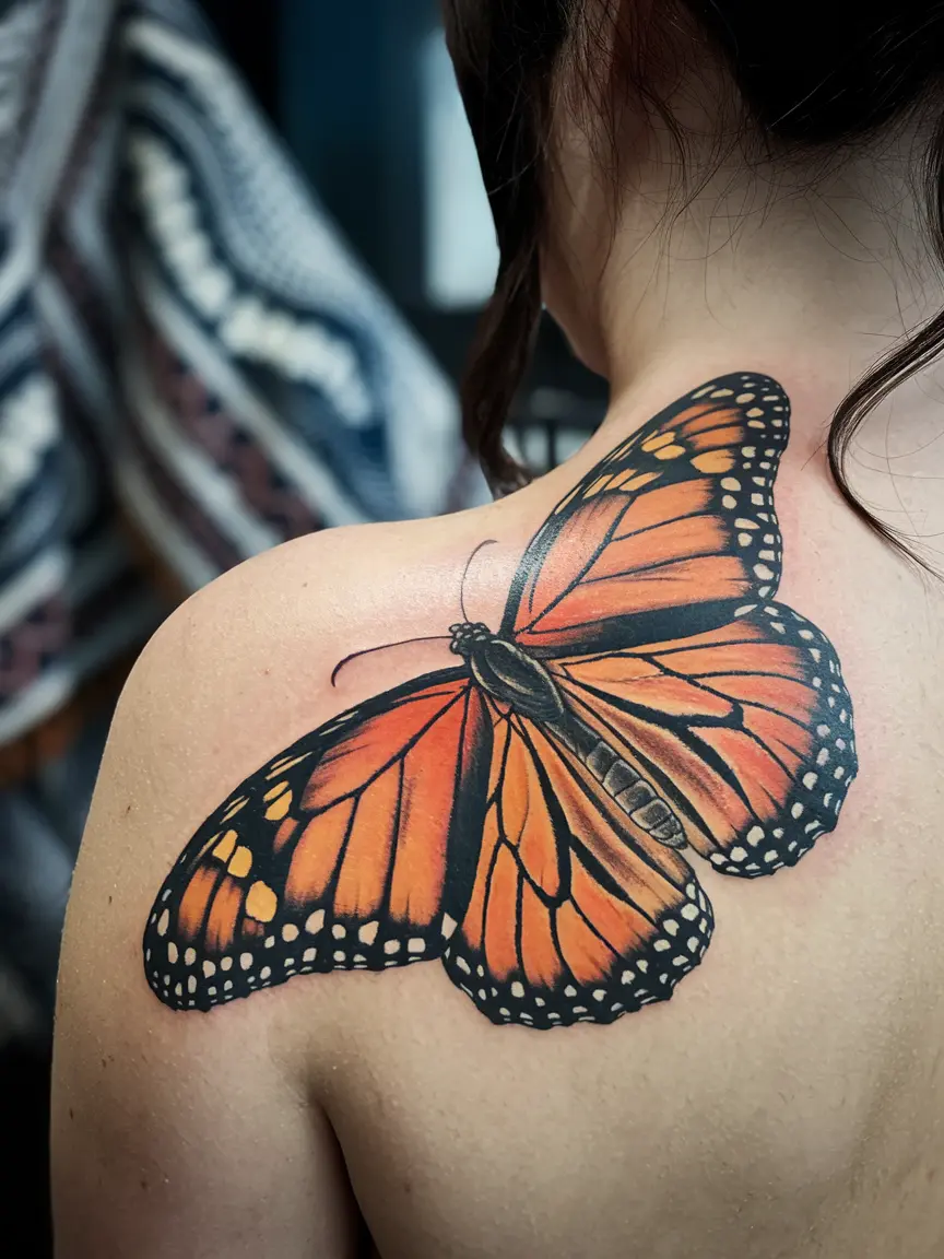 Realistic monarch butterfly tattoo on back