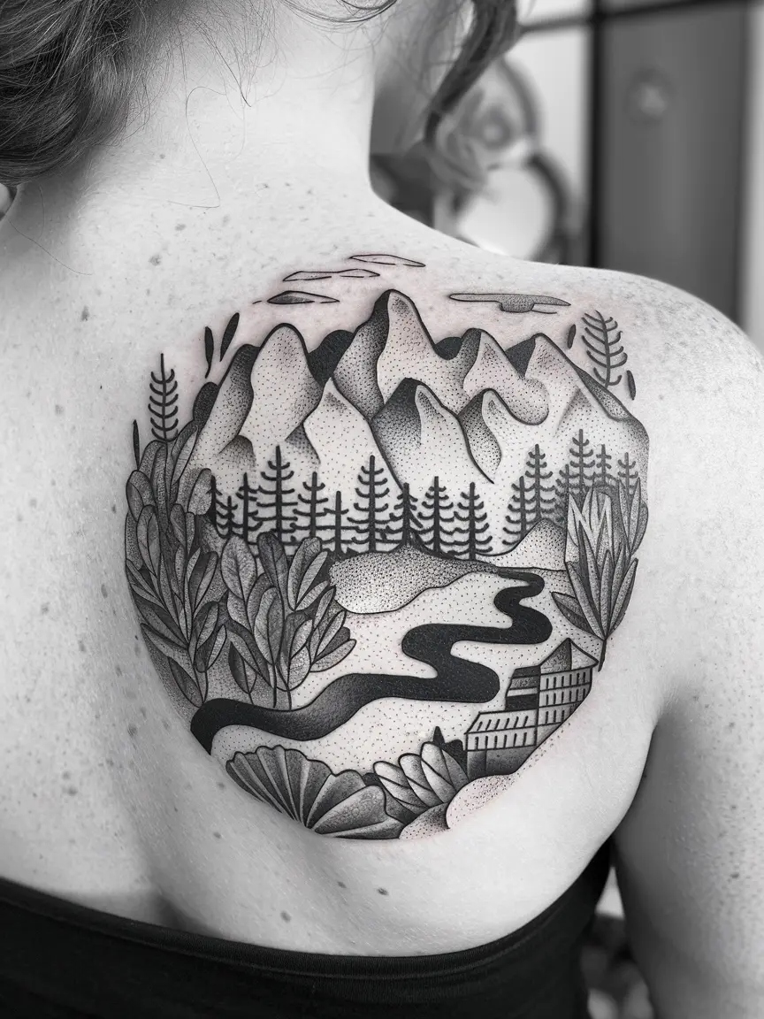 Nature landscape neck tattoo
