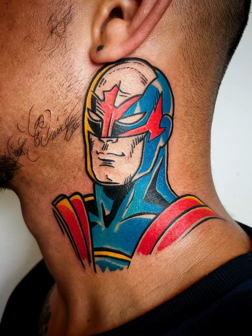 Comic book style superhero neck tattoo