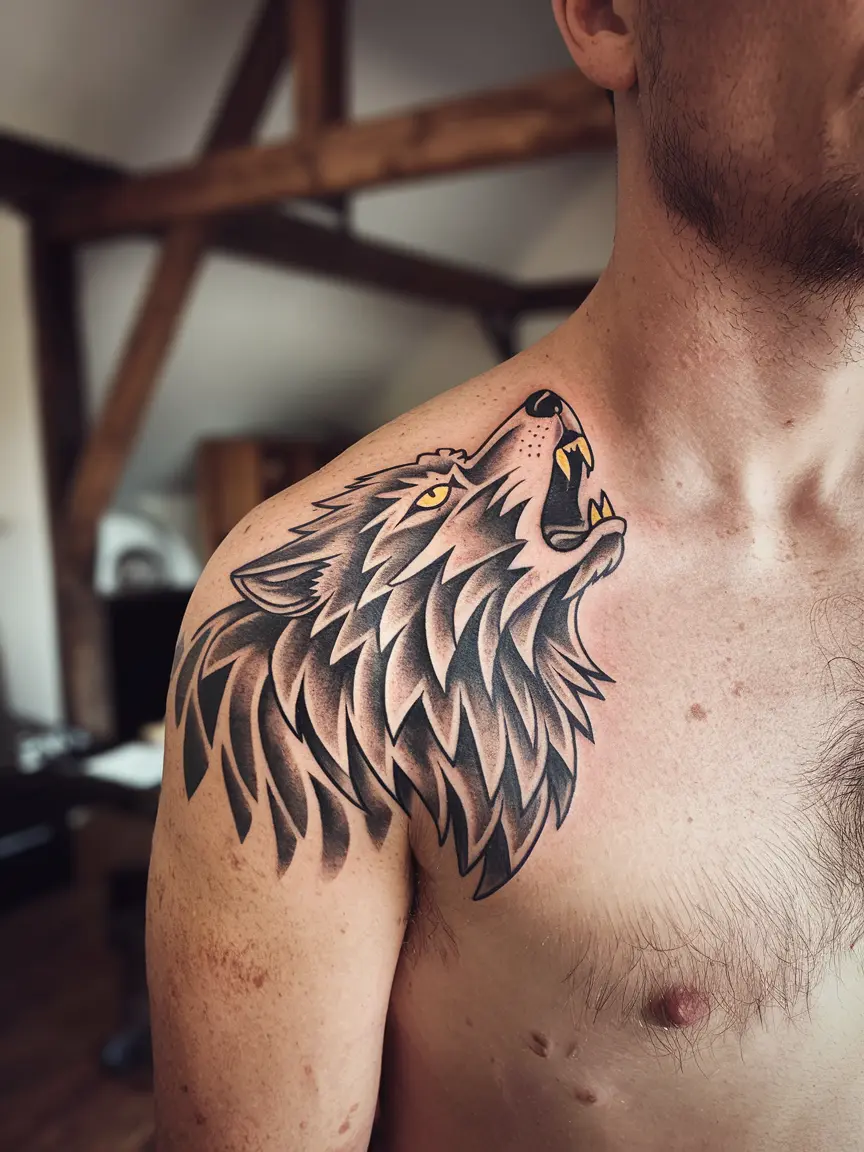 Traditional wolf tattoo on back