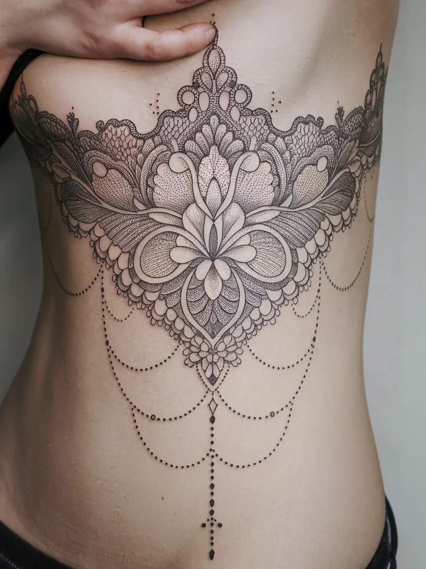 Woman's ribcage tattoo of ornamental lace