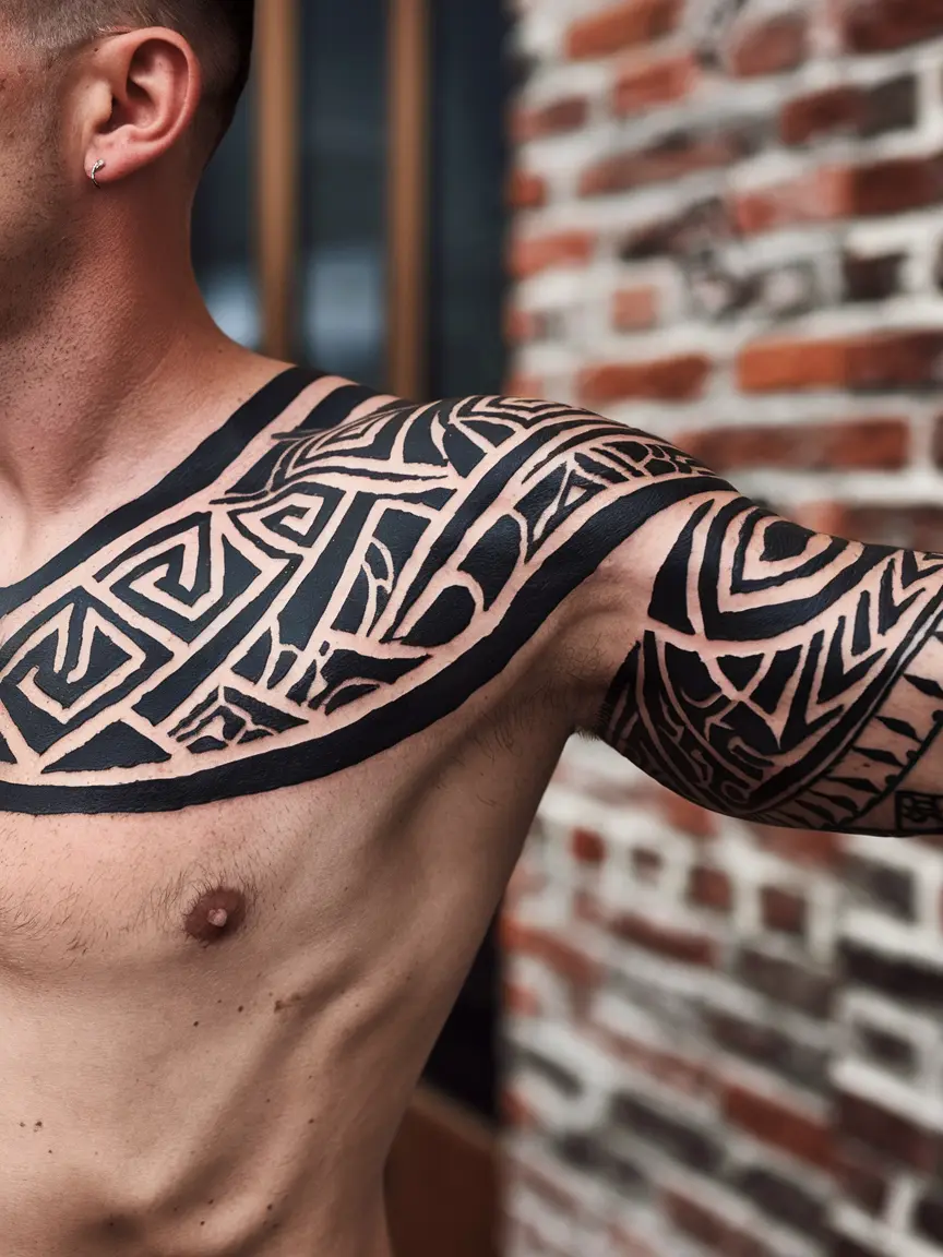Polynesian-inspired tribal shoulder tattoo