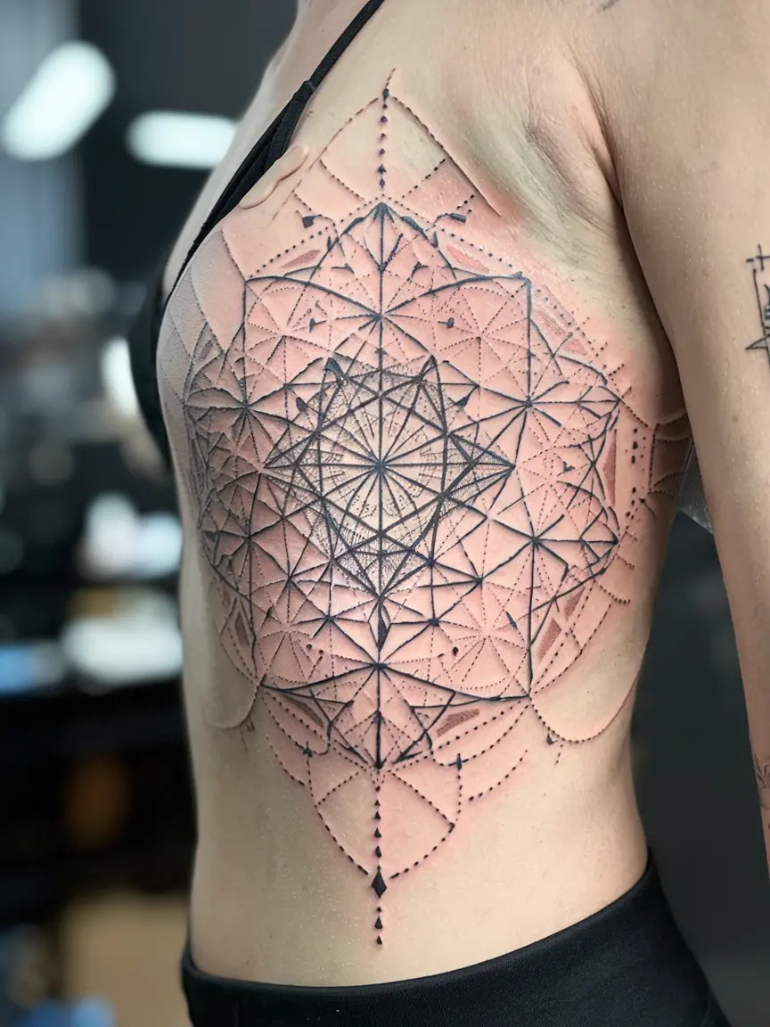 Woman's ribcage tattoo of sacred geometry