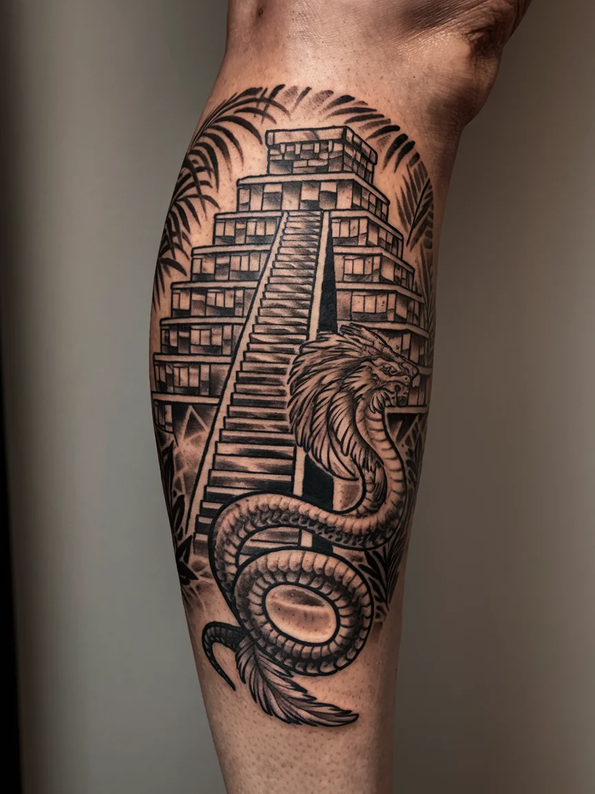 Woman's leg tattoo of Aztec temple with Quetzalcoatl