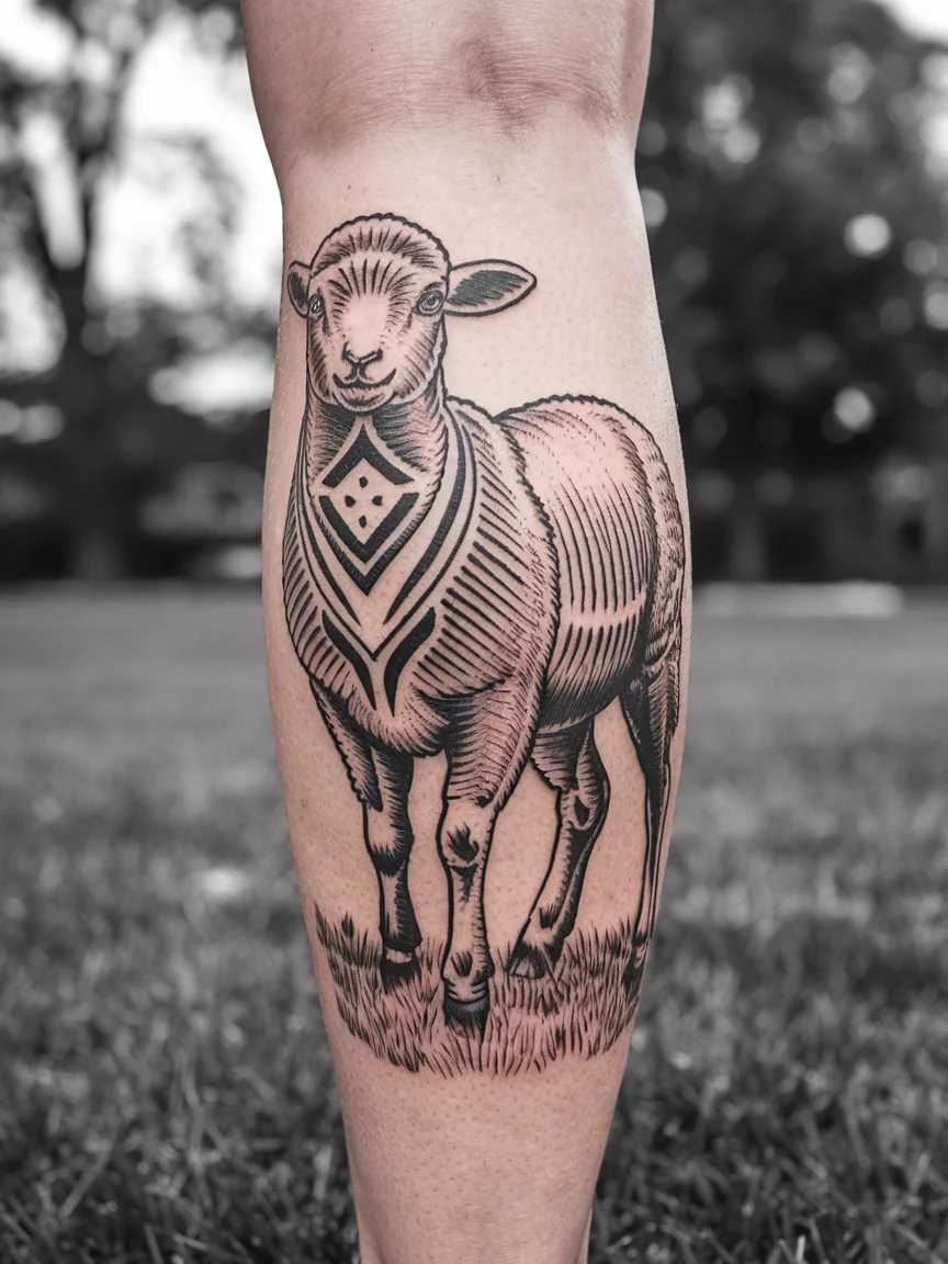 Tribal style lamb tattoo on calf