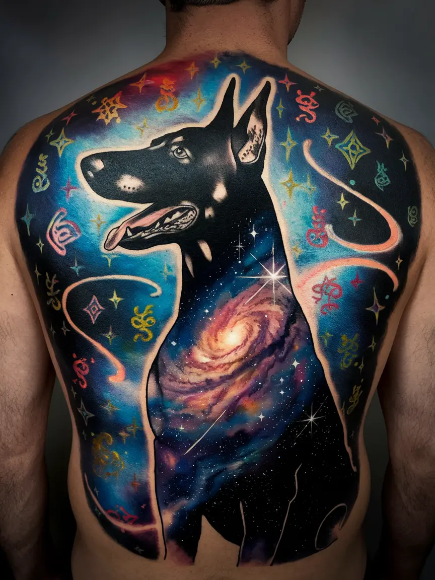 Cosmic Doberman tattoo on full back