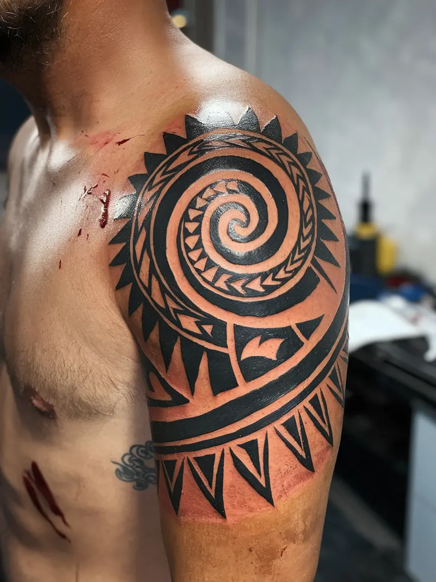 Maori-inspired neotribal spiral tattoo on upper arm