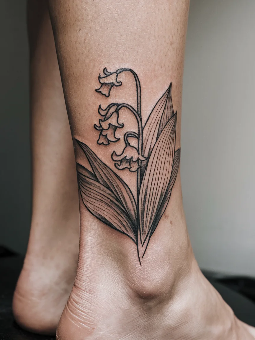 Negative space lily of the valley ankle tattoo