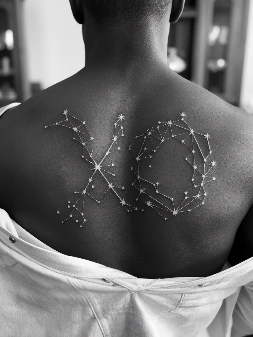 Constellation XO tattoo on upper back