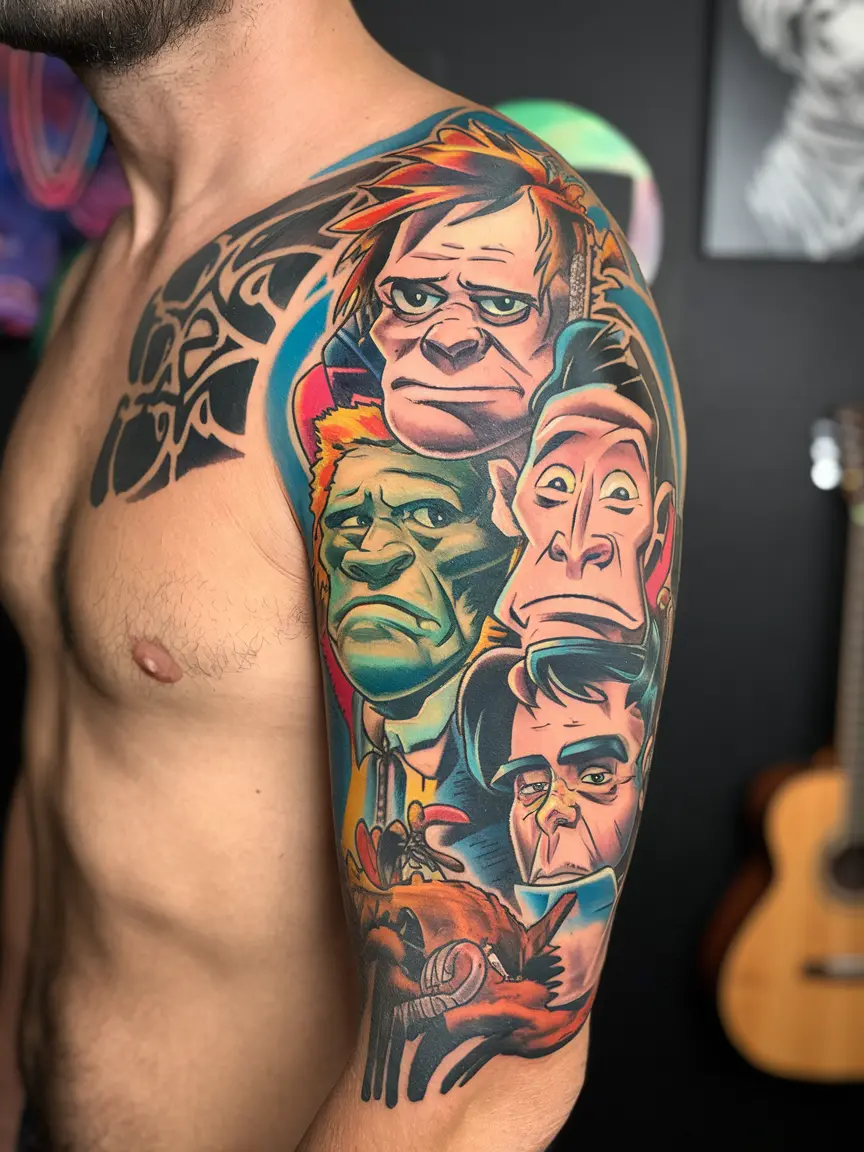 Man's sleeve with Gorillaz characters tattoo