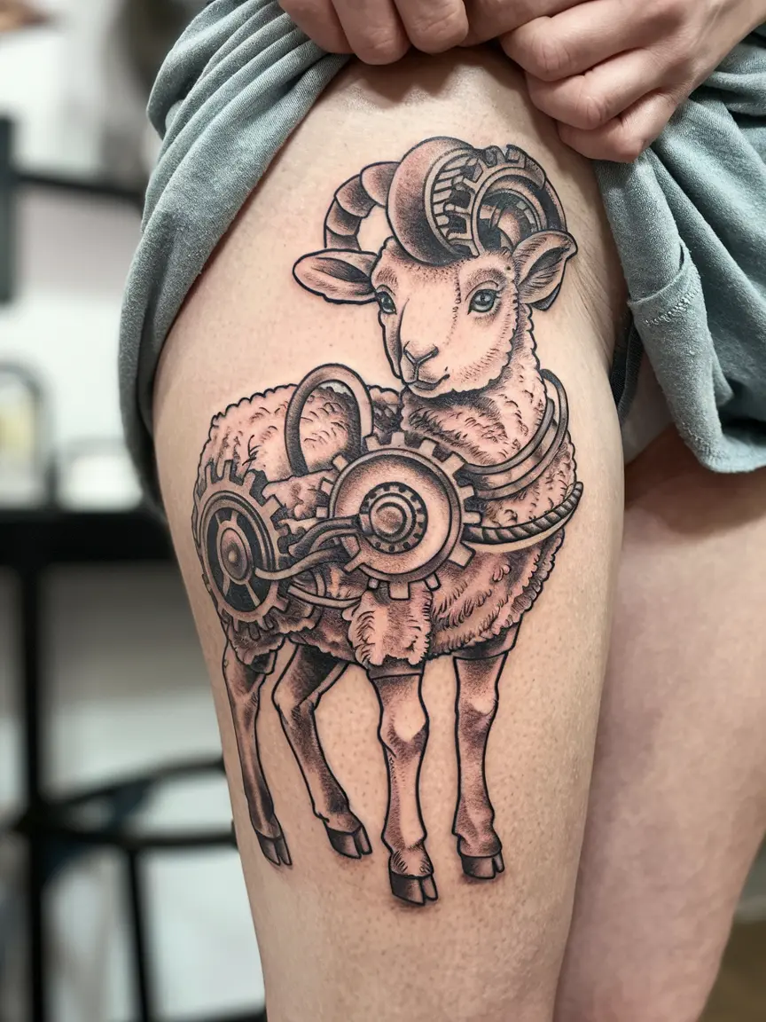 Steampunk lamb tattoo on thigh
