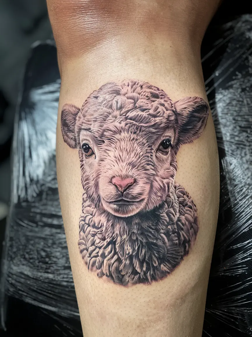 Realistic lamb portrait tattoo on calf