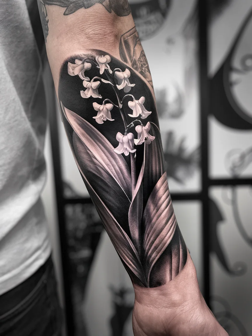 Realistic black and grey lily of the valley forearm tattoo