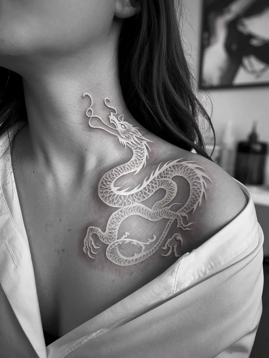 White ink dragon collarbone tattoo